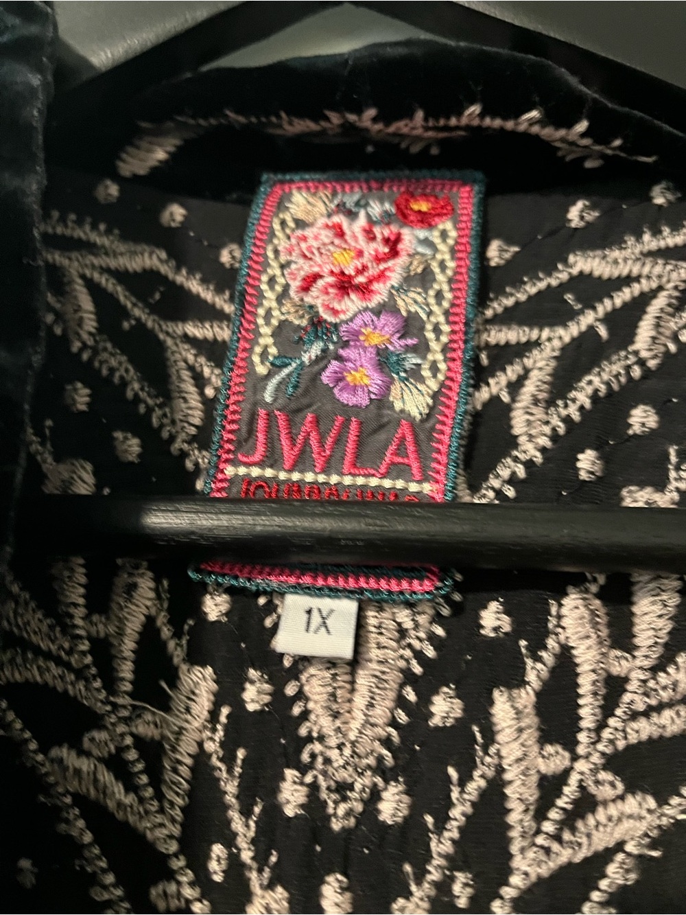 Johnny Was Black Velvet Open-Front Embroidered Kimono - Picture 2 of 4